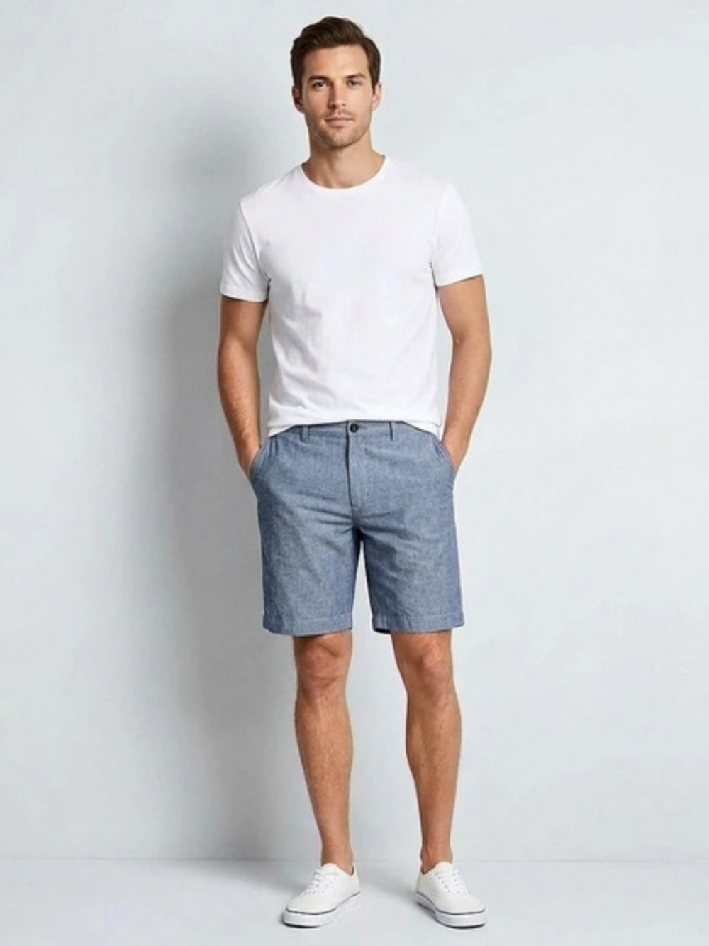 NWT Perry Ellis Men's Blue Chambray Flat Front Chino Shorts Size 34
